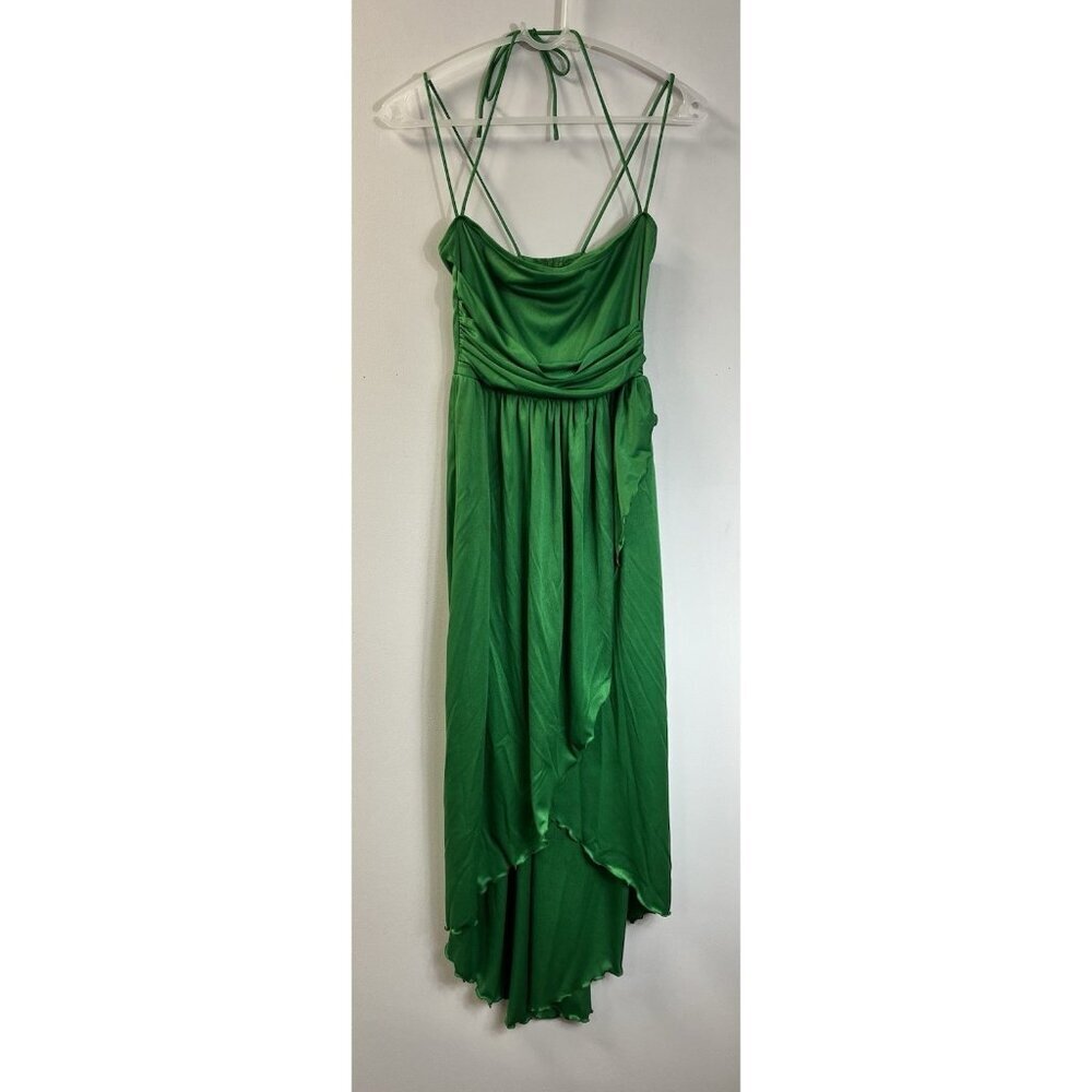 Vtg 70s Funky Sexy Halter Kelly Green Asymmetrical Halter Disco Dress 5 💚